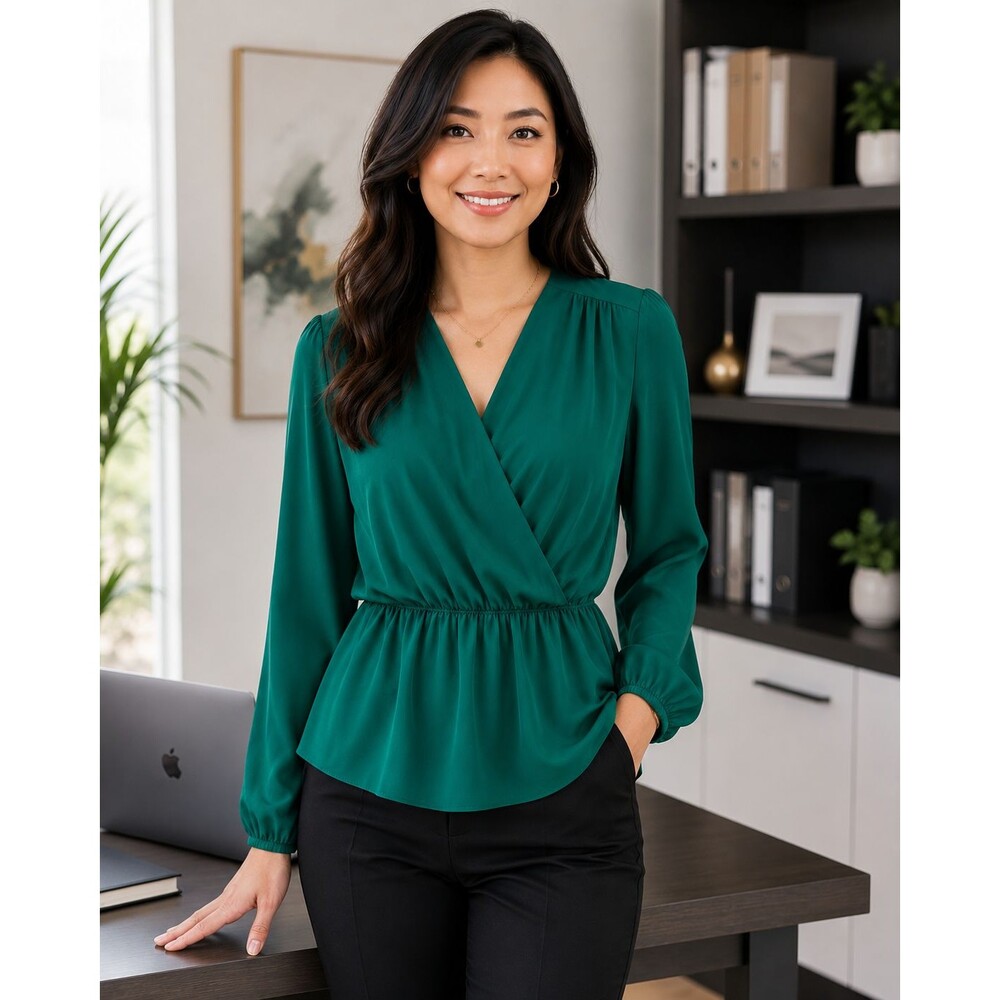 Ann Taylor Surplice Wrap Peplum Blouse Size S Emerald Green Balloon Sleeve